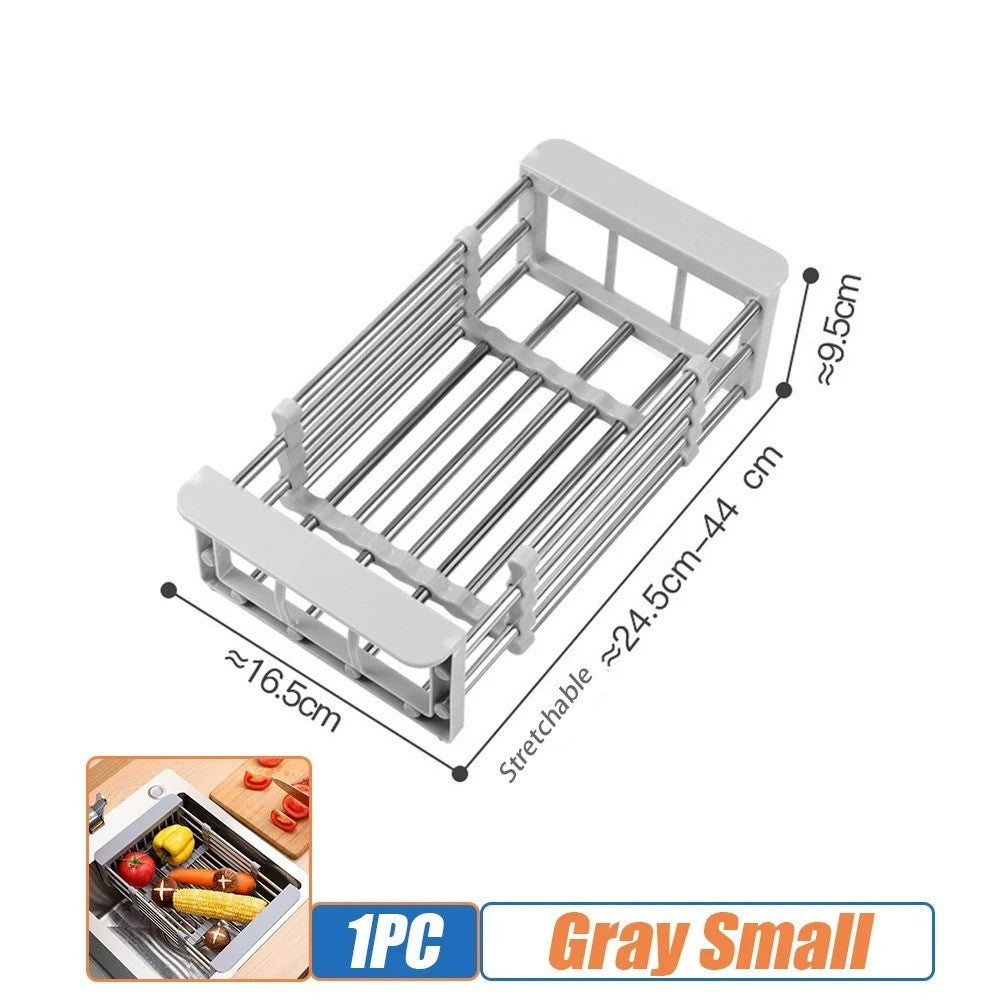 Retractable Stainless Steel Sink Drainer Rack Dish Drying Basket for Kitchen Fruits Vegetables