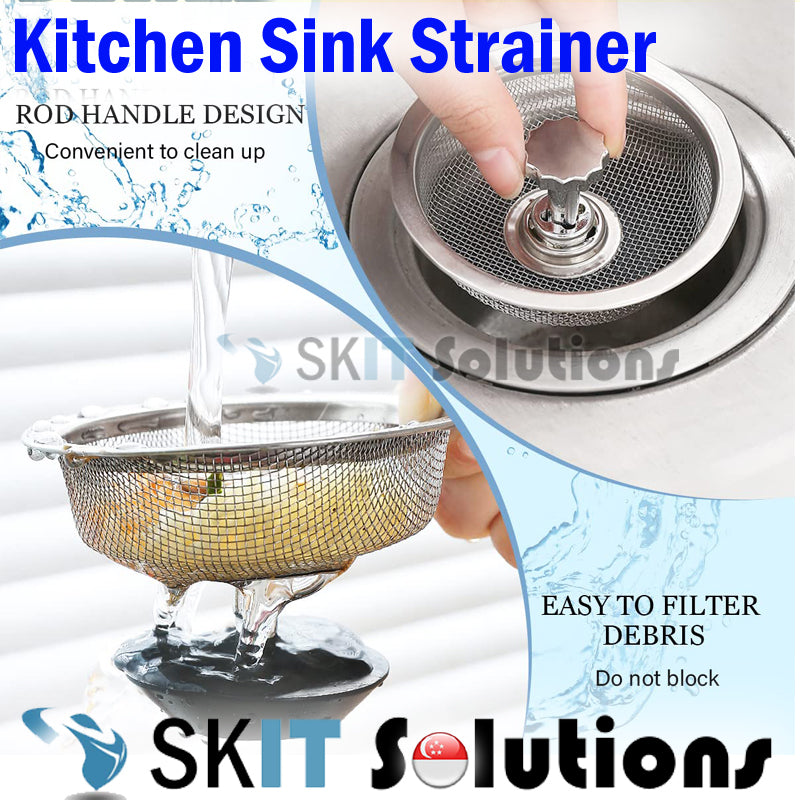 Kitchen Sink Strainer Mesh Metal Rotatable Handle & Rubber Stopper, Stainless Steel Sink Drain Water Filter Plug Basket