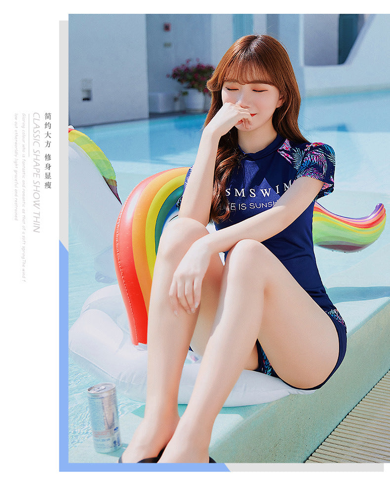 2 Pcs/Set Women Swimming Suit Swim Wear Ladies Two Piece Swimwear Sunscreen Swimsuit Short-Sleeve Top+Flat-Angle Skirt