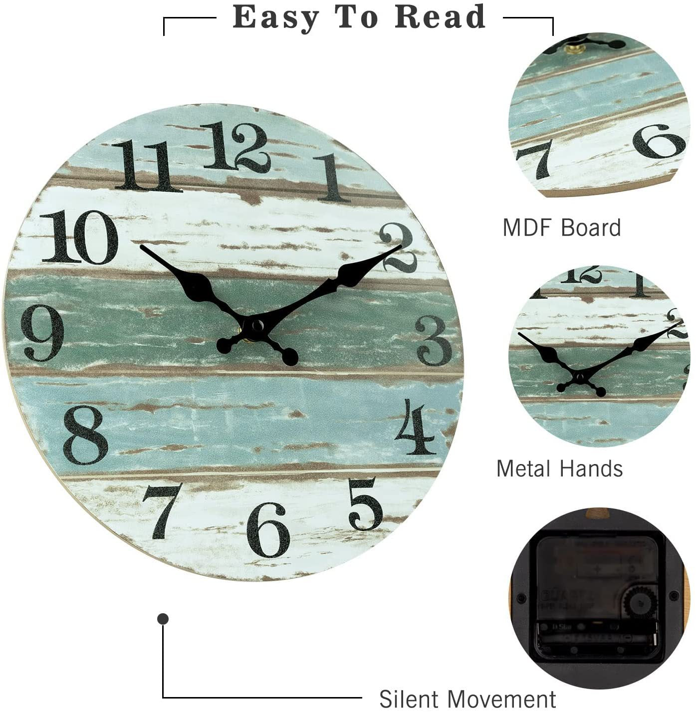 12' Vintage Retro 30cm Wall Clock 12 Inch Silent Non-Ticking Wooden Rustic Style Decorative for Living Room Kitchen Home