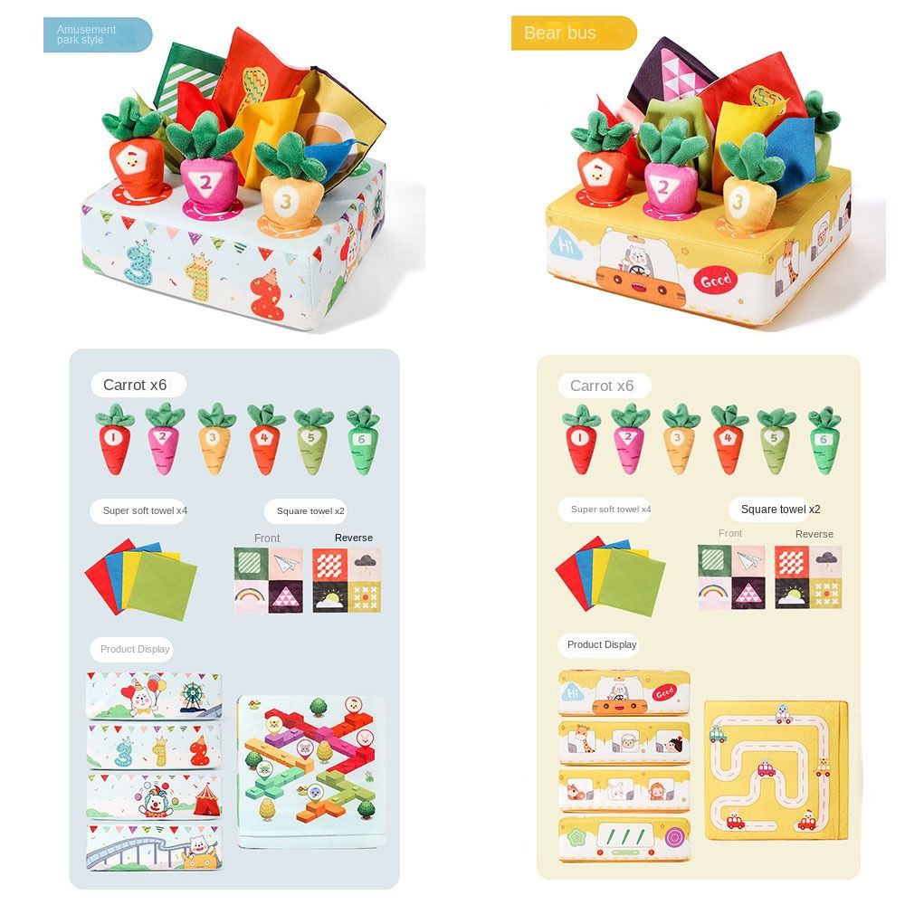 Bear Bus / Amusement Park Baby Plush Cotton Montessori Pulling Toys Educational Radish Carrot Pull Tissue Number Color Cognition Developing Game