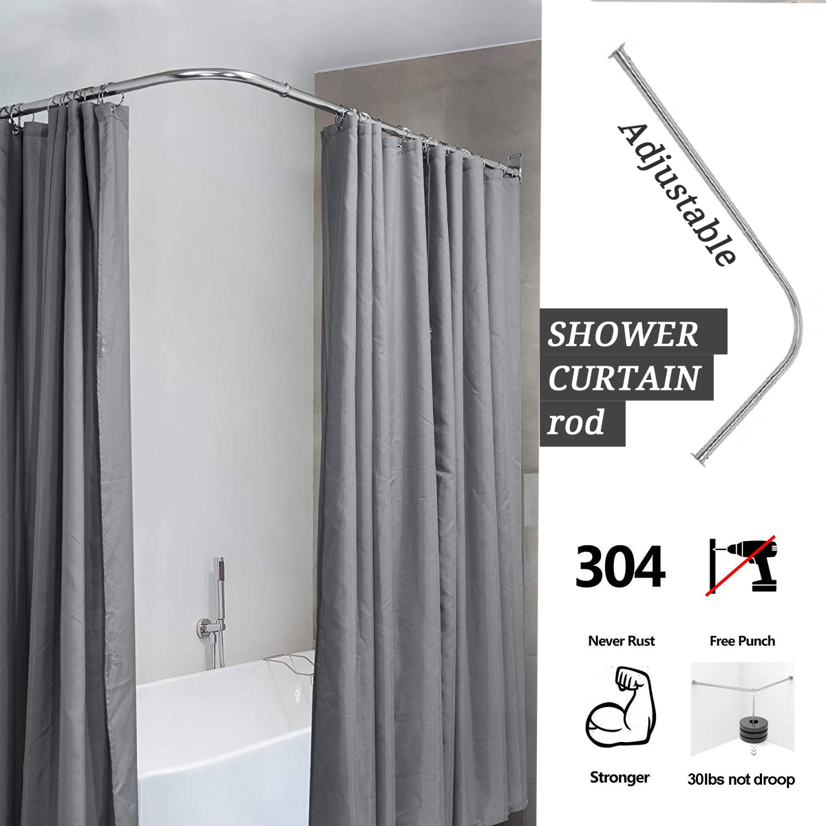 Adjustable L Shaped Bathroom Shower Curtain Rod Extendable Stainless Steel Bathtub Curved Corner Railing Pole Telescopic