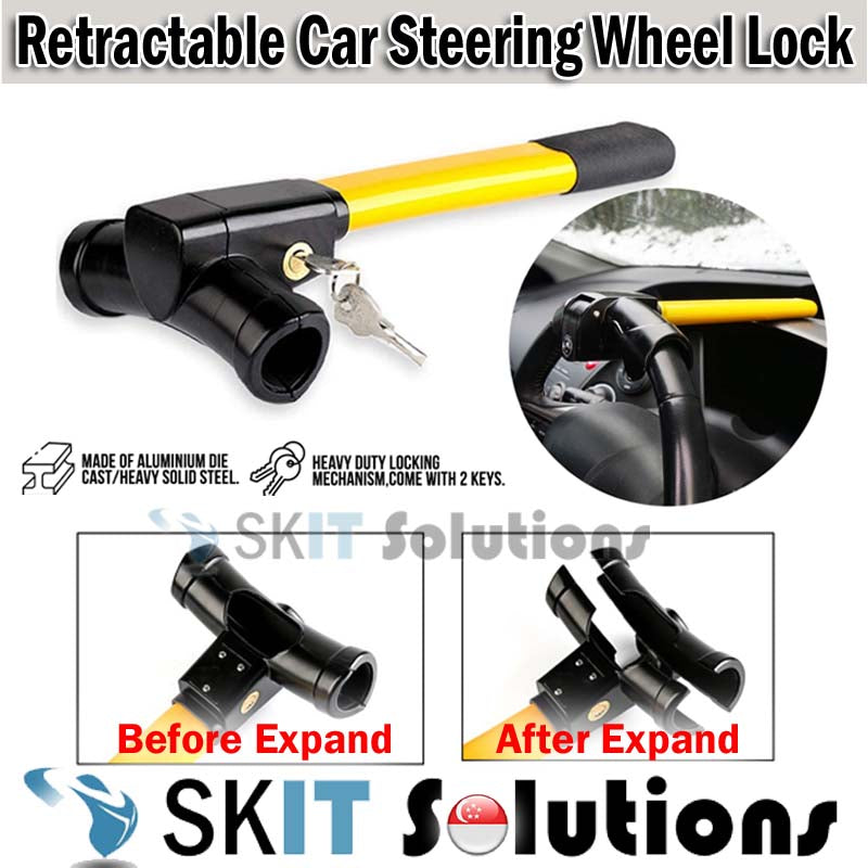 【SKIT SG】Universal Retractable Car Security Rotary Car Steering Wheel Lock Safety Auto Anti-Theft Theftproof Lock Stainless Steel Steeringwheel Locking Device Anti Theft Steering Wheel Block Set for Car Heavy Duty SUVs Van Truck Automobile Security
