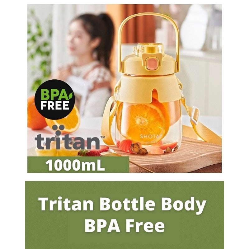 Tritan BPA Free 1000ml Hot Cold Drinking Water Bottle Large Cute Kawaii with Dual Spout-Direct/With Straw Spout 大肚杯
