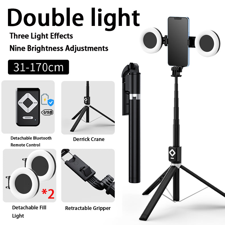 170cm 360° Rotation Wireless Selfie Stick Tripod Monopod with Single/Double Fill Light+Bluetooth Remote Control+Phone Stand Holder