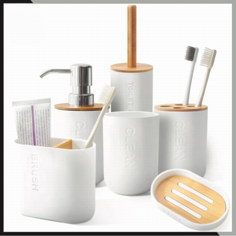 Japanese Style Bamboo Bathroom Set / Toilet Bowl Brush / Toothbrush / Toothpaste Holder / Soap Box / Mouthwash Cup / Soap Pump / Wash Rack