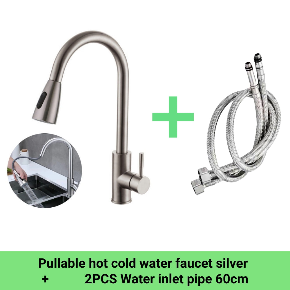 Kitchen SUS304 Tap Copper Dual Mode Pull-out Stretchable Sink Basin Faucet Hot and Cold Water Faucet