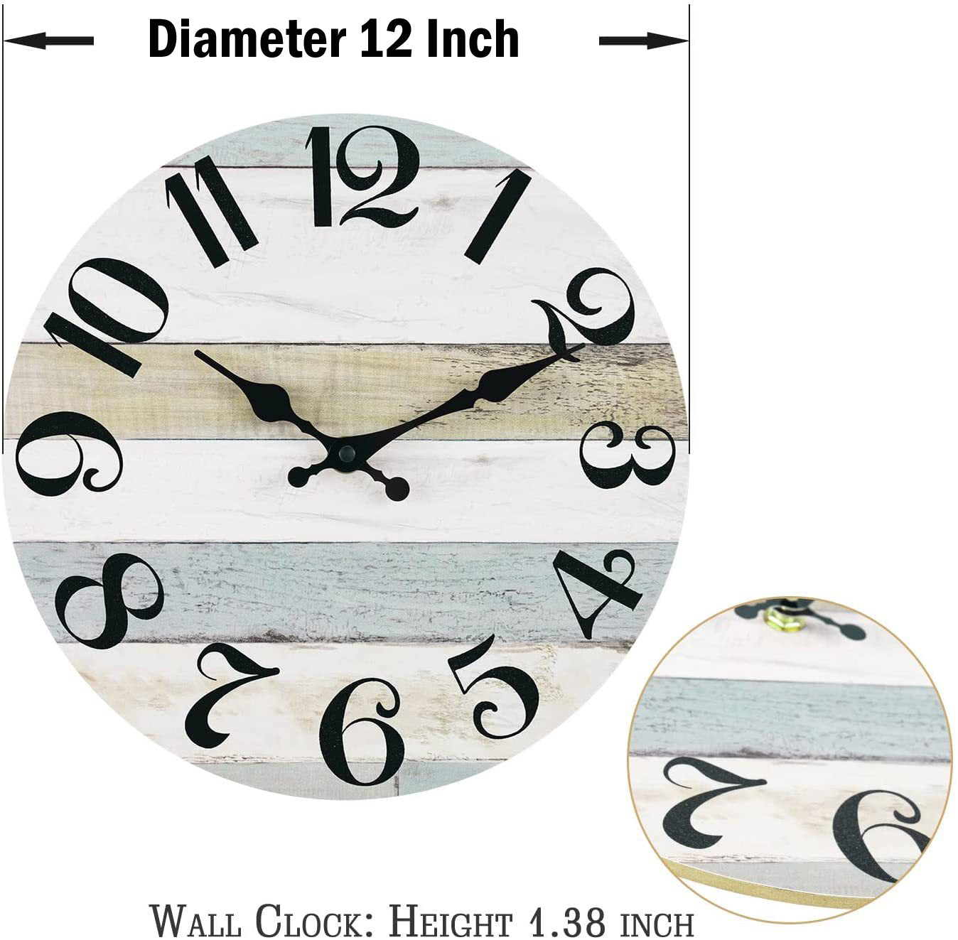 12' Vintage Retro 30cm Wall Clock 12 Inch Silent Non-Ticking Wooden Rustic Style Decorative for Living Room Kitchen Home