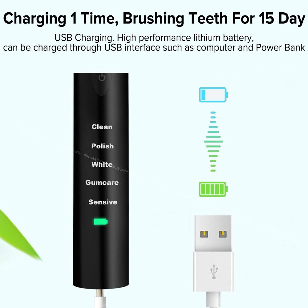 Powerful Ultrasonic Electric Toothbrush USB Rechargeable Adult Electronic Washable Power Ultra Sonic Tooth Brush+4 Heads