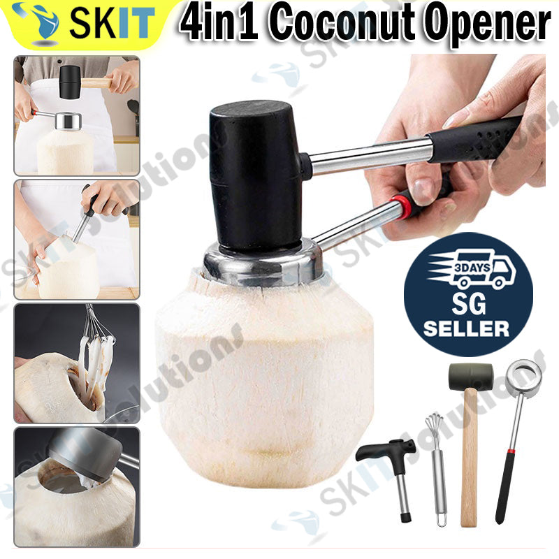 4Pcs Stainless Steel Coconut Opener Set Meats Removal with Hammer Hole Puncher Planer Kitchen Tool