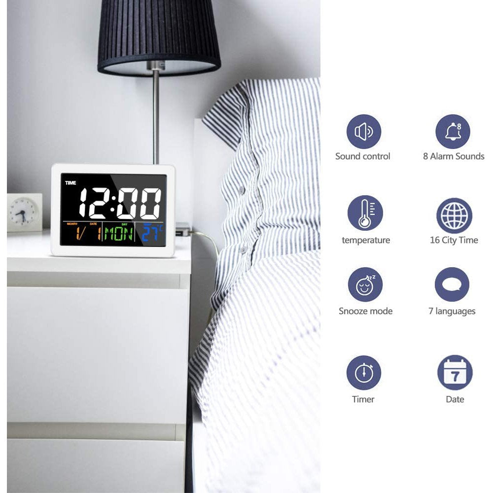 Digital LCD Alarm LED Table Clock with Large Display, BackLight Voice Control, World Time, Timer, Calendar
