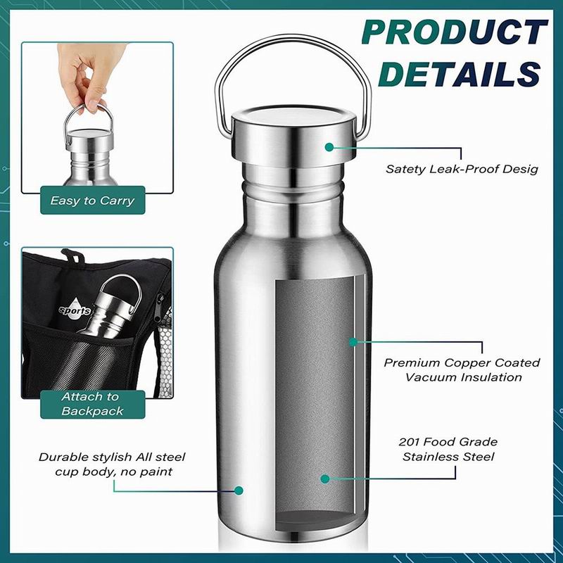500ml 750ml Stainless Steel Sports Single Walled Water Bottle Metal Flask Screw Cap BPA Free Uninsulated Indoor Outdoor