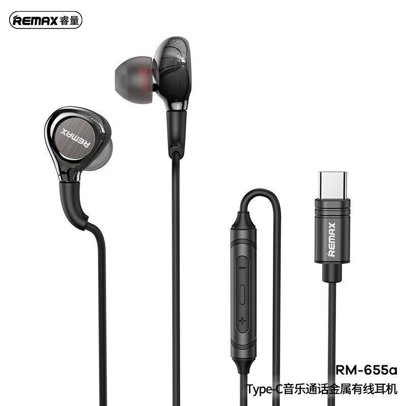 Remax RM-655A Type-C Metal Wired Earphone Music Call Volume Control USB-C Headset for Mobile Phones