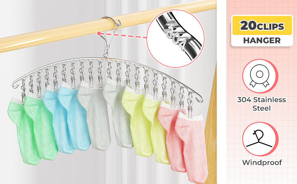 SUS304 Stainless Steel Hanger 8 / 10 / 20 Clips Peg Windproof Rust-Proof Laundry Drying Rack Hanging Organiser Balcony