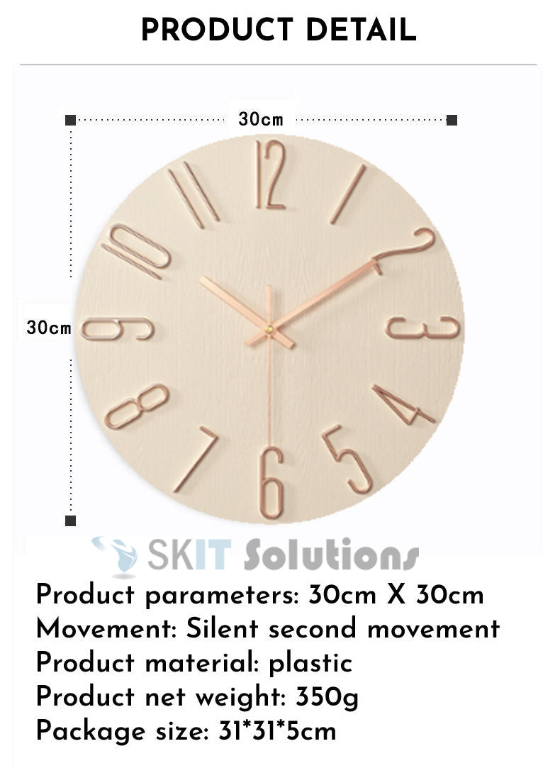12 Inch Nordic Style Silent Hanging Wall Clock 30cm Minimalist Modern 3D Quartz Home Bedroom Office