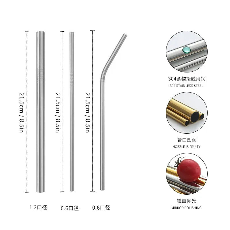 Set of 3 Stainless Steel Reusable Metal Straws Straight Curved Bubble Tea Drinking with Free Pouch