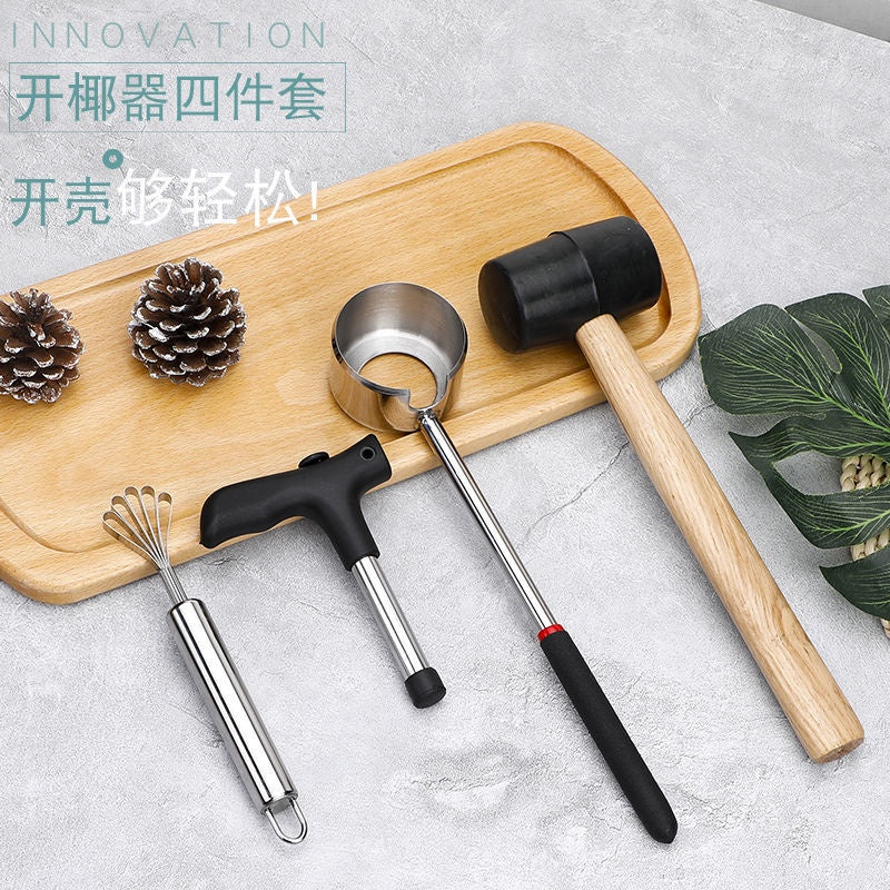 4Pcs Stainless Steel Coconut Opener Set Meats Removal with Hammer Hole Puncher Planer Kitchen Tool