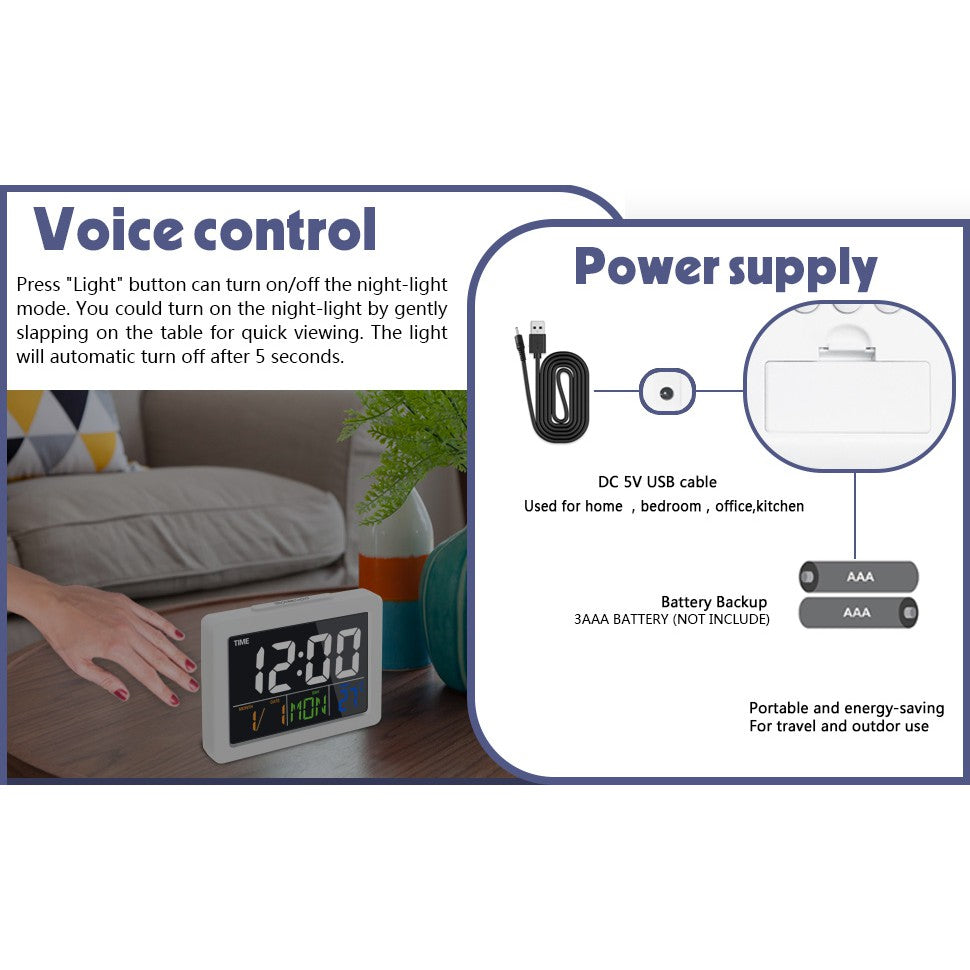 Digital LCD Alarm LED Table Clock with Large Display, BackLight Voice Control, World Time, Timer, Calendar