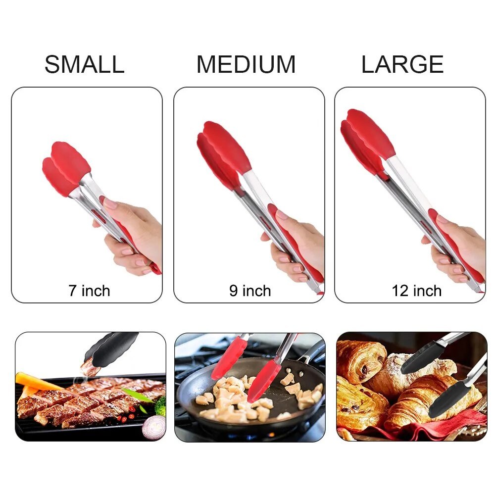 7/9/12 Inch Silicone Stainless Steel Food Tong Non Slip Heat Resistant BBQ Grill Salad Kitchen Tongs