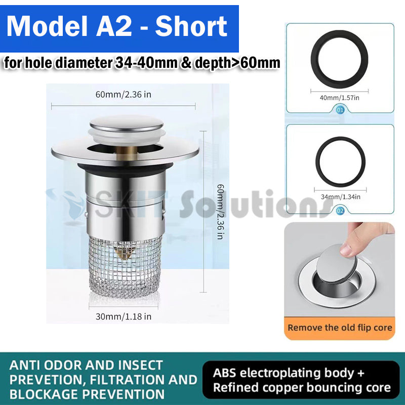 Stainless Steel Washbasin Plug Drain Filter Strainer Anti Odor Pop Up Core Stopper Hair Catcher Sink