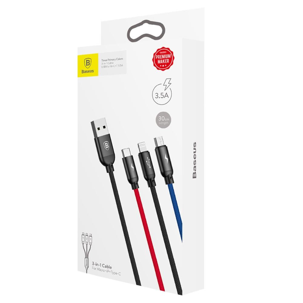 Baseus Three Primary Colors 3-in-1 Cable 30cm / 1.2 Meters 3.5A Quick Charging USB Cable For iP + Micro + Type-C