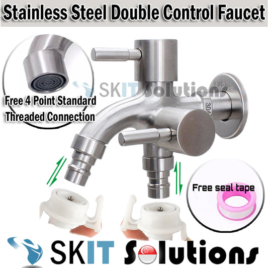 Stainless Steel 304 Washing Machine Double Control Dual 2 Way Faucet Tap Splitter Free Tape & 4-Point Threaded Adapter