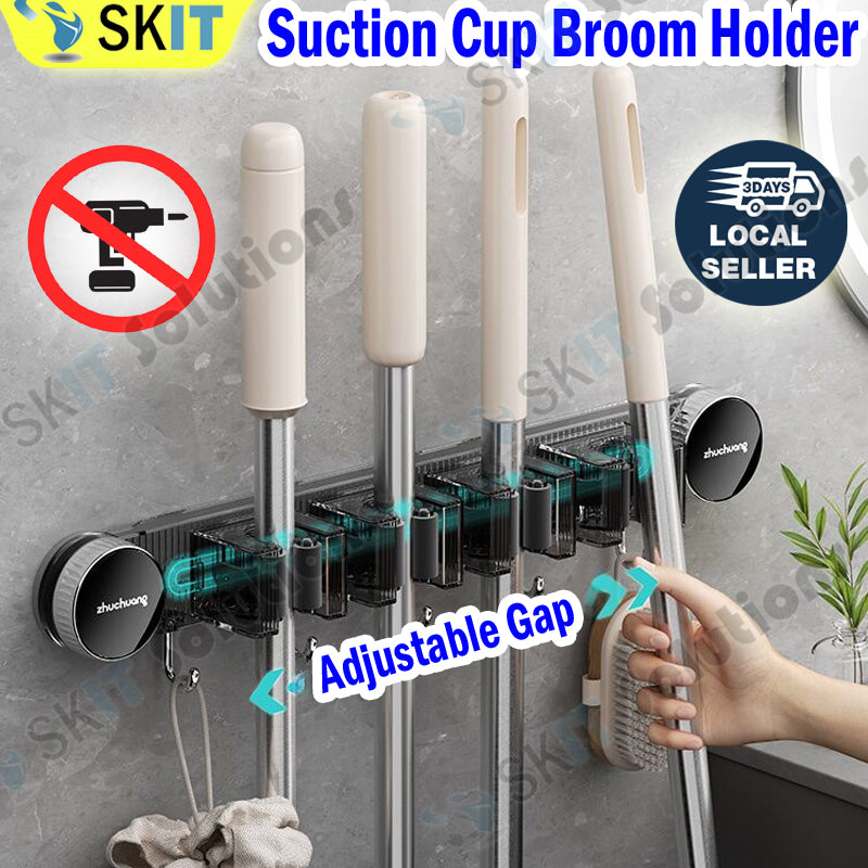 Suction Cup Broom Holder Wall Mounted No Drill Mop Brush Hanger Bathroom Storage Hook Cleaning Tool