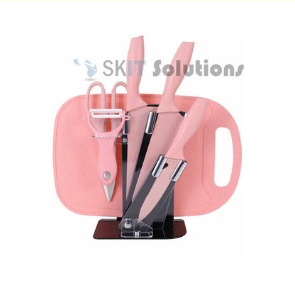 7pcs Wheat Knife Set With Cutting Board Utensils Holder 7in1 Non-Stick Stainless Steel Kitchen Cooking Knives Scissor
