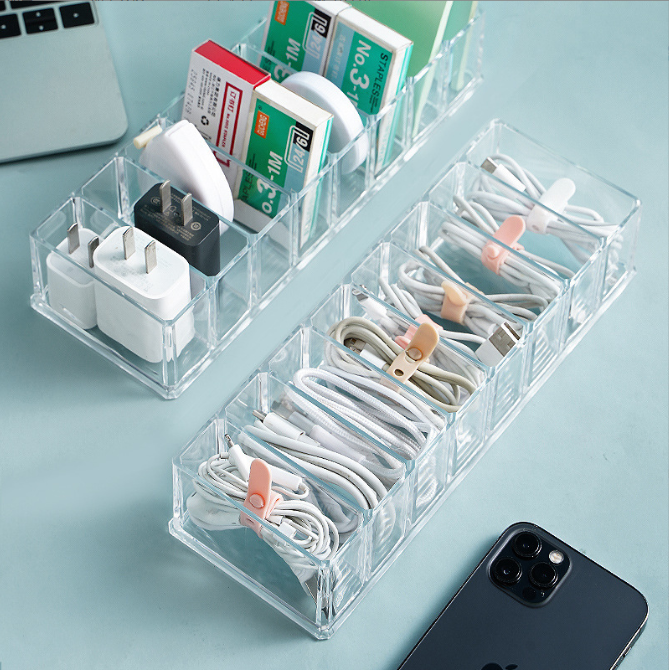Clear 8 Compartments Plastic Cable Wire Storage Box 8 Grids Organiser Case Container with Lid Cover Free 10pc Cable Tie