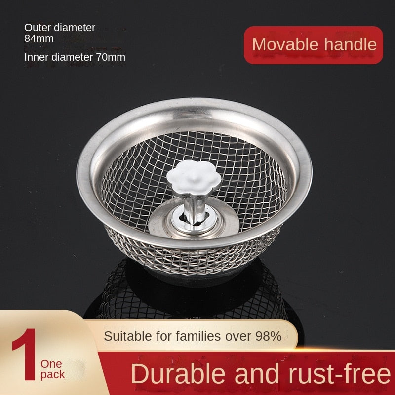 Kitchen Sink Strainer Mesh Metal Rotatable Handle & Rubber Stopper, Stainless Steel Sink Drain Water Filter Plug Basket