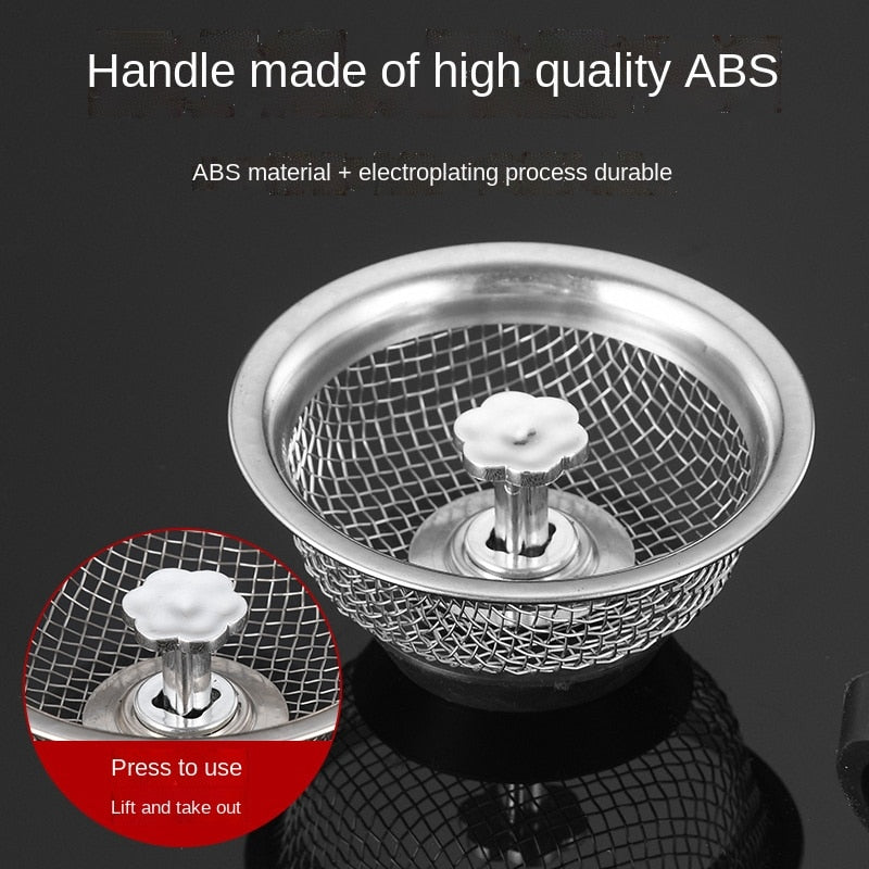 Kitchen Sink Strainer Mesh Metal Rotatable Handle & Rubber Stopper, Stainless Steel Sink Drain Water Filter Plug Basket