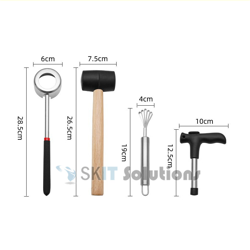 4Pcs Stainless Steel Coconut Opener Set Meats Removal with Hammer Hole Puncher Planer Kitchen Tool
