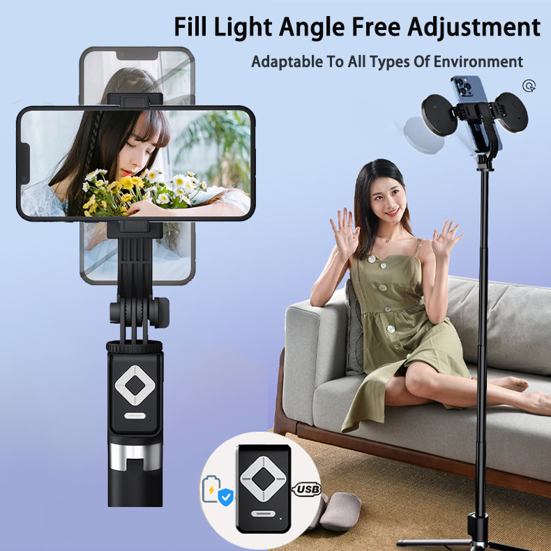 170cm 360° Rotation Wireless Selfie Stick Tripod Monopod with Single/Double Fill Light+Bluetooth Remote Control+Phone Stand Holder
