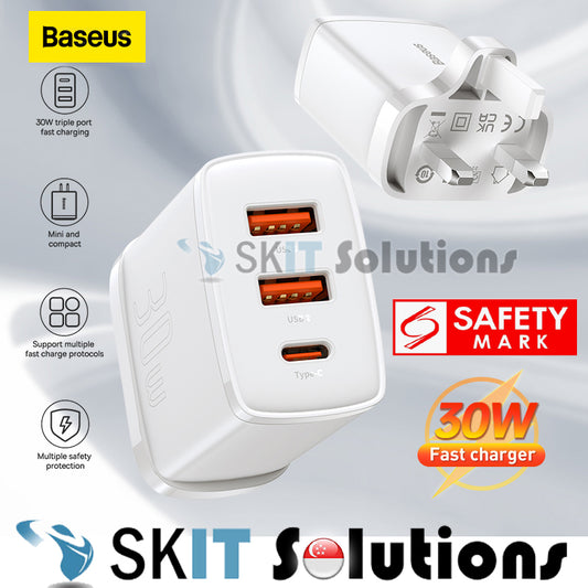 Baseus Compact Fast Charger 30W 2 USB + 1 USB-C Type C UK 3-Pins Plug PD3.0 QC3.0 Quick Wall Adapter with SG Safety Mark