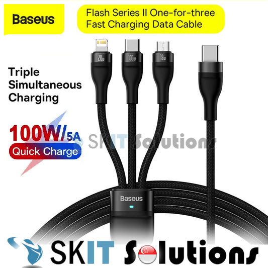 Baseus Flash II One-For-Three Type-C to Micro + iP + Type-C 100W Fast Charger Cable Charging