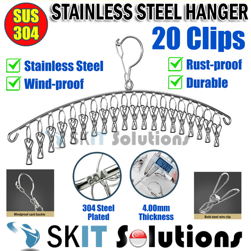 SUS304 Stainless Steel Hanger 8 / 10 / 20 Clips Peg Windproof Rust-Proof Laundry Drying Rack Hanging Organiser Balcony