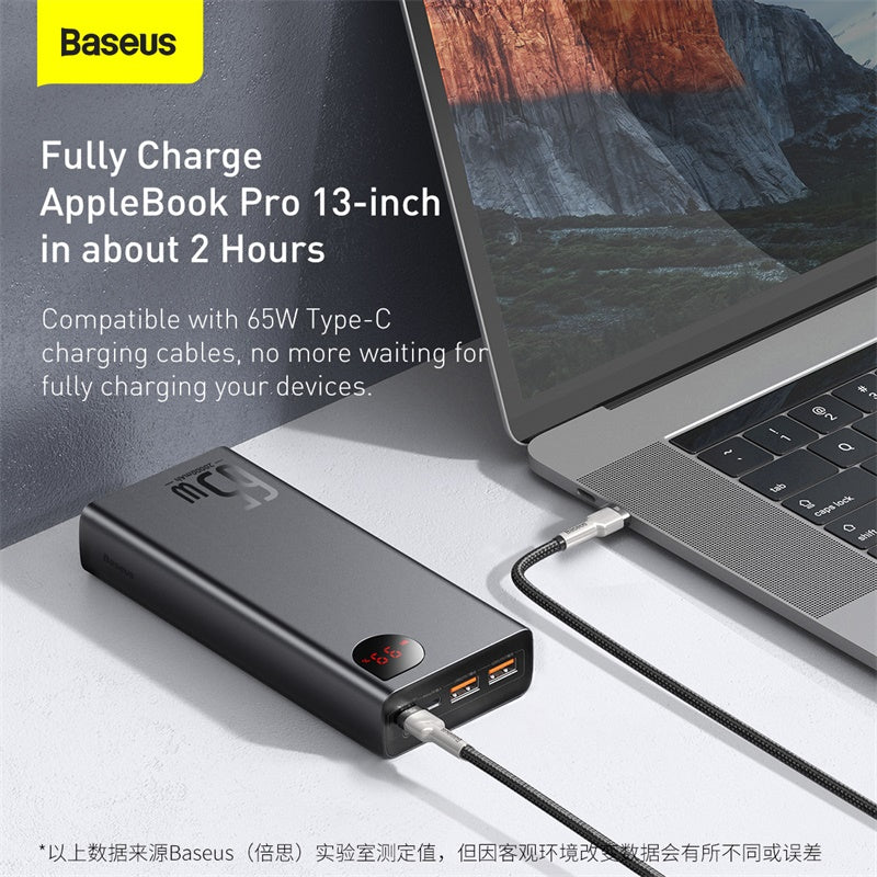 Baseus 65W 20000mAh Quick Charge Power Bank Adaman Digital Display PD3.0+QC3.0 Fast Charging Portable Power Bank