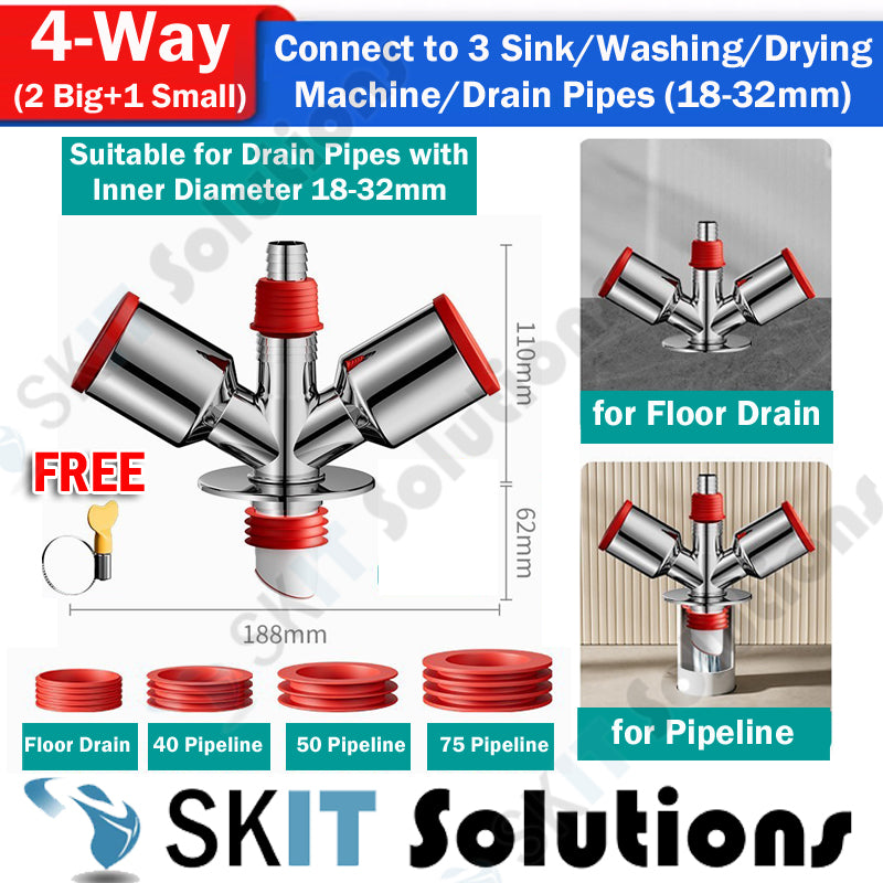 1/3/4-Way Washing Machine Sink Floor Drain Pipe Connector Adapter Valve Tee Elbow Splitter Anti Odor