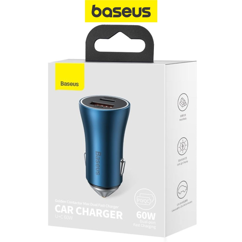 Baseus Golden Contactor Max Dual Fast Charger Car Charger U+C 60W High Power USB + Type C