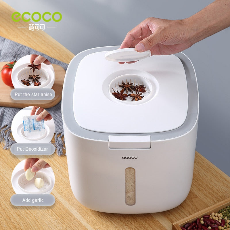 5Kg / 10Kg ECOCO Kitchen Nano Rice Container Bucket Dispenser Anti-Bug Sealed Grain Pet Food Storage Box Mildew-Proof