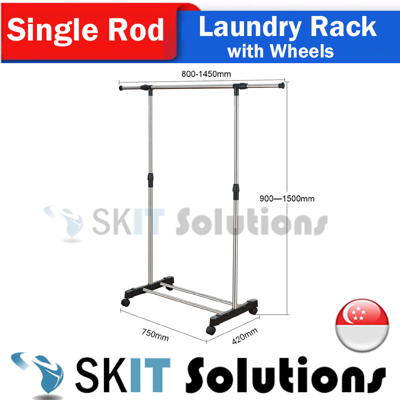 Single / Dual Stainless Steel Extendable Pole Standing Cloth Laundry Garment Drying Rack Hanger with 360° Rotating Wheels