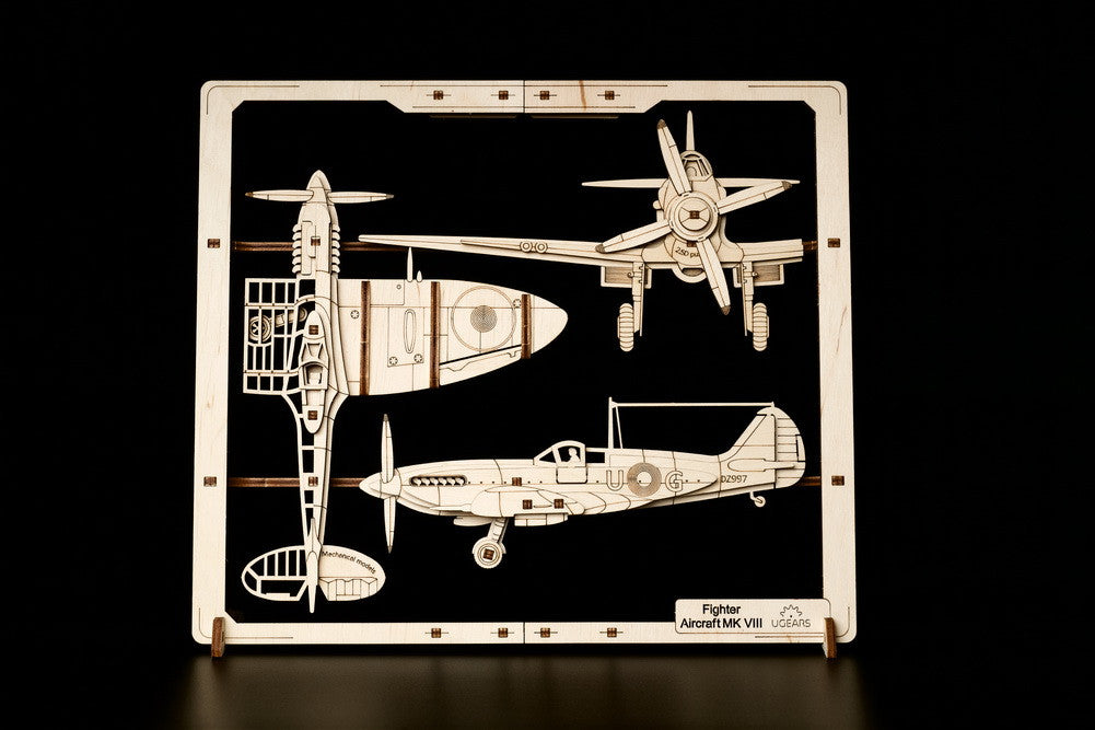 Ugears Fighter Aircraft 2.5D Mechanical Puzzle ★Mechanical 3D Puzzle Kit Model Toys Gift Present Birthday Xmas Christmas Kids Adults