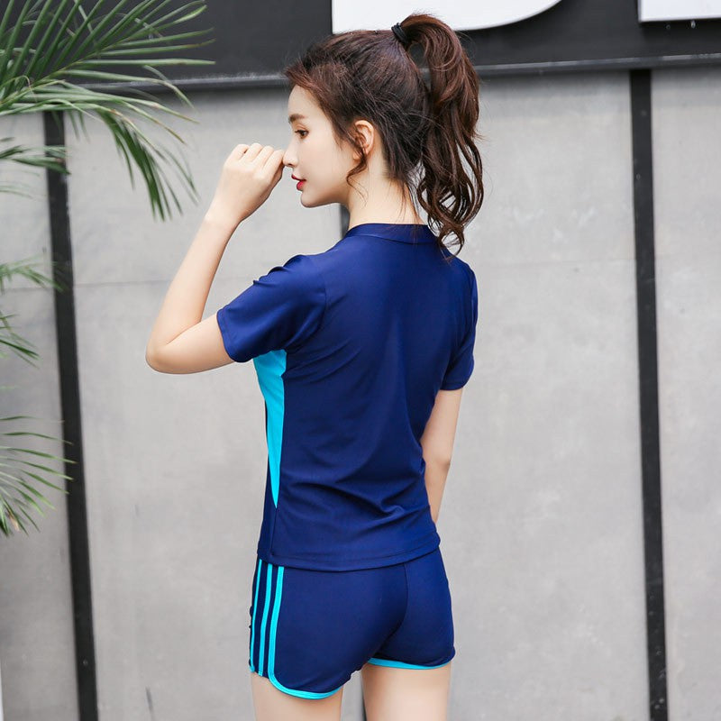 2 Pcs Women Swimming Suit Swim Wear Ladies Swimwear Two Piece Swimsuit Short Sleeve Top Shirt+Bottom Short/5-Point Pants