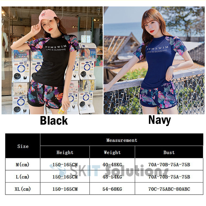 2 Pcs/Set Women Swimming Suit Swim Wear Ladies Two Piece Swimwear Sunscreen Swimsuit Short-Sleeve Top+Flat-Angle Skirt
