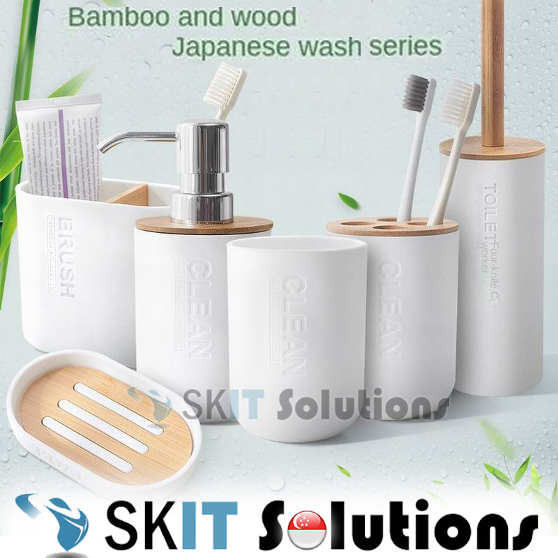 Japanese Style Bamboo Bathroom Set / Toilet Bowl Brush / Toothbrush / Toothpaste Holder / Soap Box / Mouthwash Cup / Soap Pump / Wash Rack
