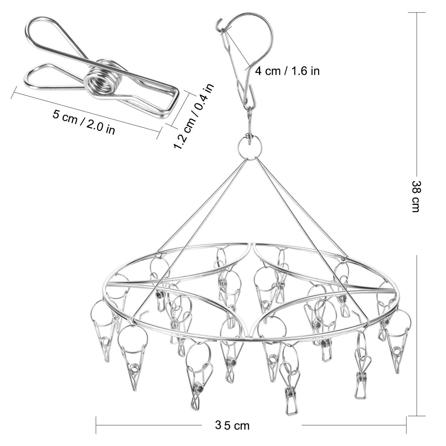 SUS304 Round Stainless Steel Hanger 20 Clips Peg Windproof Rust-Proof Laundry Sock Drying Rack Hanging Organiser Balcony