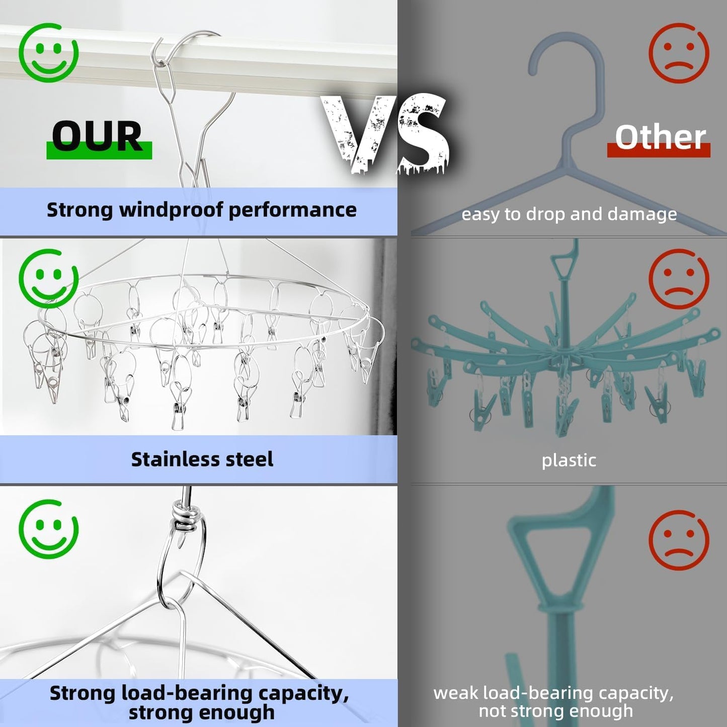 SUS304 Round Stainless Steel Hanger 20 Clips Peg Windproof Rust-Proof Laundry Sock Drying Rack Hanging Organiser Balcony