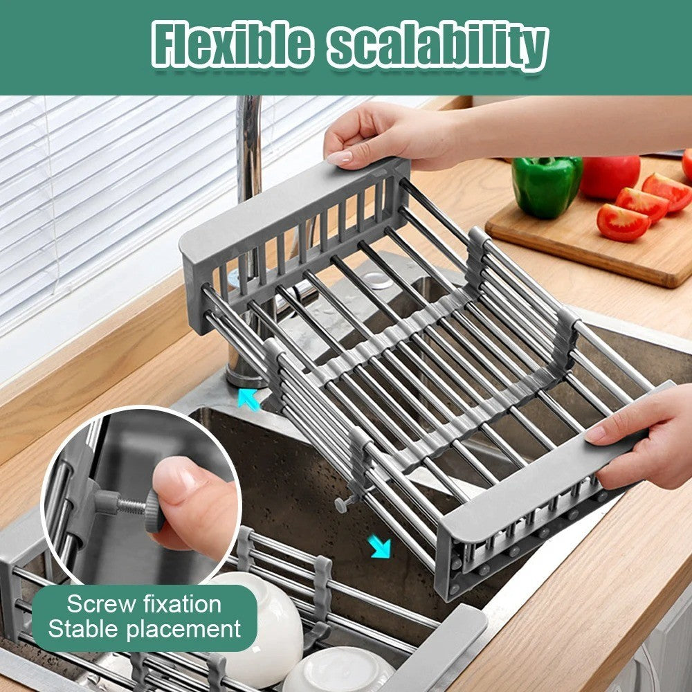 Retractable Stainless Steel Sink Drainer Rack Dish Drying Basket for Kitchen Fruits Vegetables