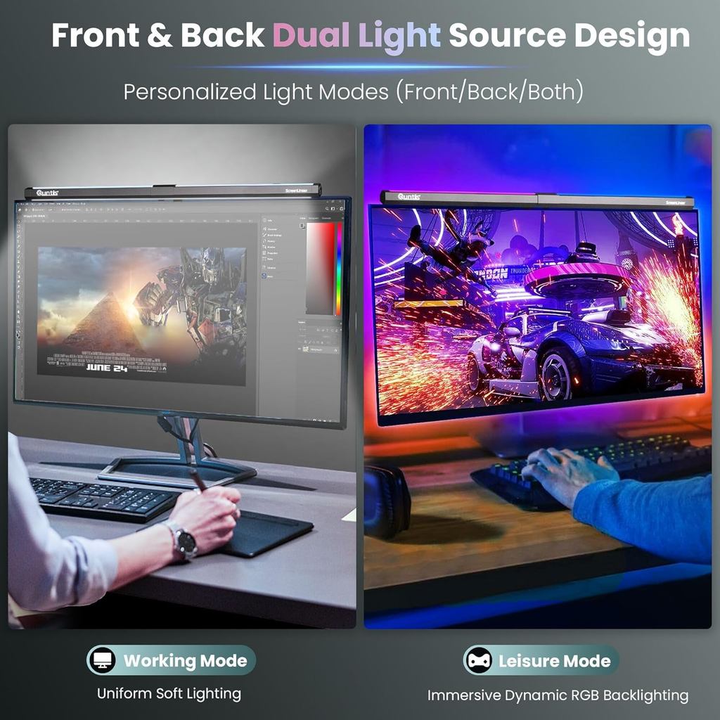 Adjustable LED Laptop Monitor Smart Screen Clip On Hanging Light w/ RGB Backlight USB Desktop e-Reading Table Lamp Bar