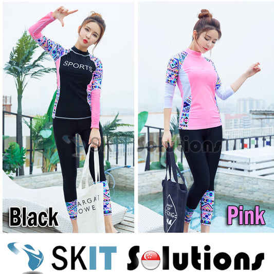 2 Pcs/Set Full Body Women Long Sleeve Rash Guards Swimming Pants Diving Suit Swimsuit Printing Swimwear Sunscreen Suits